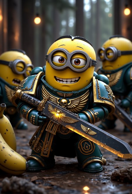 space marine. A fierce but tiny Minion dressed in ceremonial armor with a polished shine, covered in intricate Minion symbols and cartoonish purity seals. The Minion is without a helmet (no helmet:2.0), showcasing their iconic Minion goggles, expressive eyes, and wide smile. The Minion is wielding a power sword with a glowing edge, banana-themed pommel and glowing runes. The Minion is depicted in a scene such as: posing beside a Minion Dreadnought with a massive painted grin, both standing heroically. The Minion's expression is trying to look intimidating, yet charmingly cute. The scene should be depicted in a colorful but gritty Warhammer 40k style, with bright yellows and blues to emphasize the Minionsâ classic color scheme. The armor and weapons are detailed with ornate designs, but humor is maintained through Minion-themed accessories and comical touches. Witty details include: a plasma gun glowing overly bright, with a Minion looking a bit confused as smoke curls out. Background elements should resemble classic Warhammer 40k settings but with a humorous Minion twist, such as: a war zone with banana crates mixed among the supply crates, Minions occasionally peeking out. , <lora:sm2.safetensors:1.0:1.0>