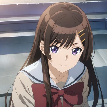 (masterpiece),(best quality),(ultra-detailed),(best illustration),(best shadow),(absurdres),(detailed background),(very aesthetic), otonashi_hibiki, 1girl, solo, brown hair, hair ornament, long hair, smile, hairclip, school uniform, looking at viewer, purple eyes, bow, anime coloring, red bow, bowtie, closed mouth <lora:XL-OtonashiHibiki:1>