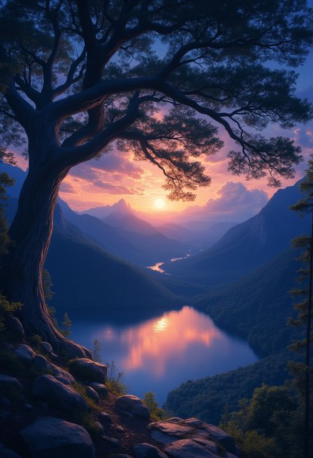 A captivating night scene illustration featuring a large wonderous magical fir tree overlooking a lake in the Smokey Mountains of Appalachia. The great fir is ancient but well strong and powerful.  This enchanting artwork captures a serene and peaceful early morning, where the sun is just starting to rise over the beautiful smokey mountains and tree which   stands resolute amidst the forest, creating a cinematic experience., illustration, cinematic, aidmaMJ6.1