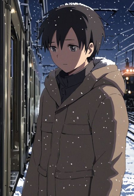 Highres, Masterpiece, High Quality, 4K, 8K, solo, 1Boy, Takaki Toono, adult, black hair, short hair, casual, snow jacket, train station, stuck train, blizzard, night, easynegative, detailed_eye_model