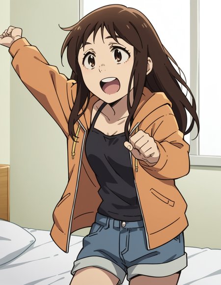 score_9, score_8_up, score_7_up, source_anime, <lora:airi-katagiri-s1-ponyxl-lora-nochekaiser:1>, airi katagiri, long hair, brown hair, brown eyes,, jacket, open clothes, shorts, hood, hoodie, denim, blue shorts, denim shorts,, bedroom, alarm clock, morning routine, yawning, stretching, on bed,, smile, , hand palm facing up, solo,, cowboy shot, dutch angle