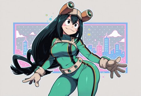 StickerSheet, Stickers, Sticker, masterpiece, best quality, Plain grey background, 1girl, solo, twintails, blue hair, blue eyes, very long hair, Asui_Tsuyu, goggles, gloves, green suit, :3, boobs, ass,  laying on back, laying flat, contrapposto, smile, blush, pastel colors, pink theme, 80's theme, city pop, colorful, thick outline, vector graphics, abstract background