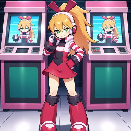 masterpiece, best quality, break, ca_mnn, blonde hair, long hair, ponytail, headphones, green eyes, ribbon, gloves, striped sleeves, skirt, knee boots, skirt, hand on hip, smirk, posing, looking at viewer, arcade