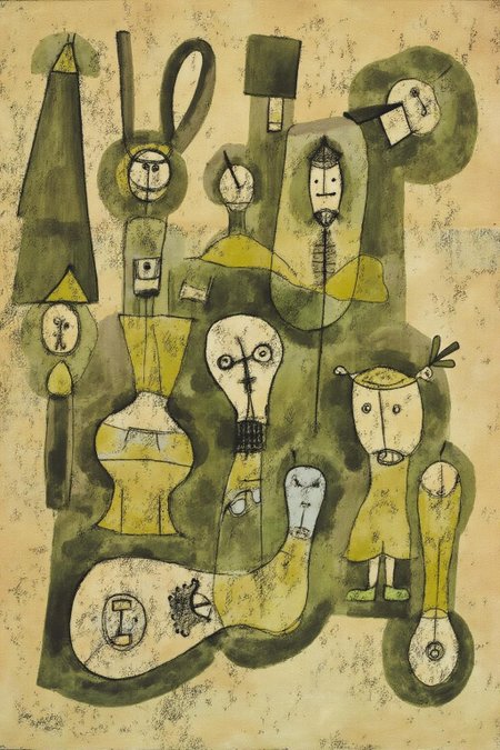 paulklee1 painting. 
A complex composition featuring figures rendered as abstract, biomorphic forms in shades of green, brown, and beige.
   <lora:paulklee1_cap_d8a4e12:1.0><lora:839866677328919225:0>