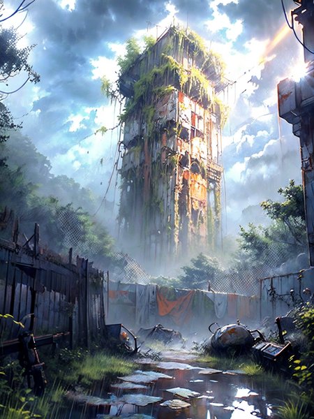 gigantic city ruins tower into the sky, moss and creepers grow in the craks. highly detailed astronaut in a orange space suit surveys the ruins, rain, mist and fog, dark forbidding sky, sunlight filters through the clouds, 
(masterpiece, top quality, best quality, official art, beautiful and aesthetic:1.2), (8k, best quality, masterpiece:1.2),
<lora:add_detail:1> <lora:20231114-1699945989034:0.8> Dark <lora:Wasteland:1> Wasteland