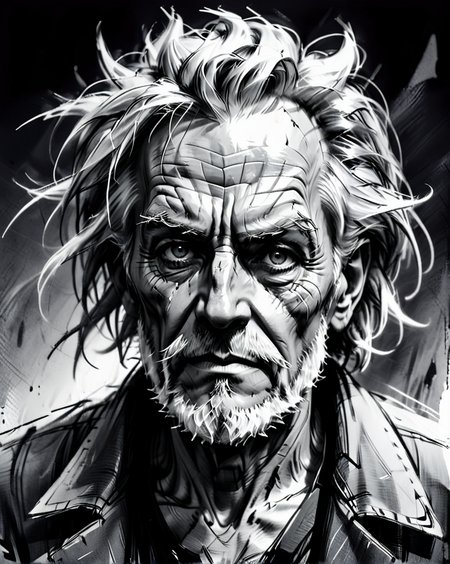 concept art, black and white, black ink and brush style, the face of a 85 year man who has been struggling through the bleak dreary drudgery of life, square shaped face, detailed skin, detailed skin texture, skin pores, vellus hair, crystal clear light grey eyes, (leathery skin, worn damaged skin, thin paper like skin , wrinkled skin, loose skin:1.3) sunken eyes, flat bulbous nose, crooked nose, high cheekbones, (sunken cheeks:1.3), prominent chin, deep worry lines, gaunt, broken, (long hair, full head of hair, thick hair, white hair, wild wiry hair, hair sticks straight up like a mad scientist, unkempt hair:1.3),  (long wiry white beard, messy wild beard, big thick wildly bushy eyebrows, grey eyebrows, thick visible ear hair, long visible nose hair:1.3), thin sunken lips like, has no teeth, (prominent underbite:1.3), it feels like everything and everyone has been trying to drag him down as he just tried his best to get through every damn day, dark, ominous, wrinkled denim jean shirt,