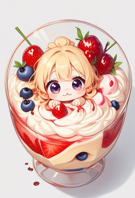 score_9, score_8_up, score_7_up, best quality, fine detail, 1girl, solo, cute, (milkshake chibi), chibi, in glass, chocolate, candies, syrup, whipped cream, rainbow sprinkles, from above, umbrella, strawberry, cherry, blueberry, hair ornament, (very detailed background), chocolate spilled on table, visually interesting, vivid colors, dark shadows, highest quality, Sticker