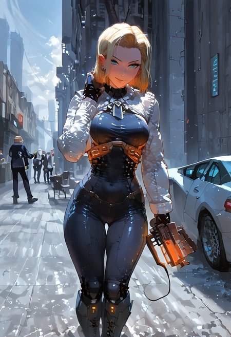 score_9,score_8_up,score_7_up,source_anime, 1girl, (((master piece:1.2))),(((best quality:1.2))),(((ultra detailed))),(((1girl))),(((intricate))),(((anime screencap))),(((very aesthetic:1.2))),((( Cite 17 background))),(((absudres:1.2))),(((embroidered))),(((scenery))),((extremely detailed CG)),(dynamic angle:1.4),vensu bdy woman in sci fi outfit standing on deserted street holding gravity gun, 
BREAK,
half life (series), (android 18 reimagined as a scientist in hev suit from half life 2),breasts, 1girl, blonde_hair, blue_eyes, (dynamic pose:1.4), Cite 17 background, smile, solo, looking_at_viewer, detailled_background, blonde android 18_hair, blush, boots, gloves, standing, cowboy_shot, hev armor style, holding a crowbar, weapon, solo focus, holding, outdoors, covered navel, hev suit bodysuit
BREAK;
(intricate details:1.12), (intricate details, hyperdetailed:1.15), hdr, dystopian sci-fi city, (at day:1.2), cinematic, half life aesthetic, science aesthetic, ominous background, bimbo atmosphere, lustful atmosphere, gray and pastel theme, city background, ground vehicle, motor vehicle, car, building, electric cable, camera, sfw