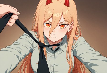 masterpiece, best quality, newest, absurdres, highres, anime, anime style,
TPOOF-V1.0, Tie puller out of frame, necktie grab, neckwear grab, pov, male pov,
solo, solo focus, female focus, 
1girl, power \(chainsaw_man\), demon horns, long hair, blonde hair, very long hair, red horns, black necktie, horns, cross-shaped pupils, shirt,