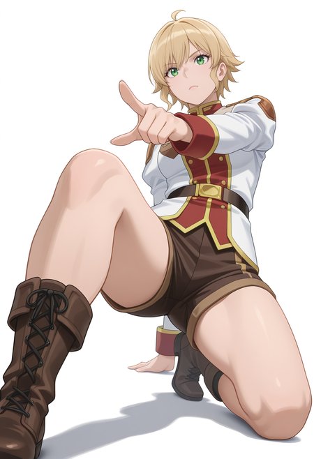 Smooth Quality,masterpiece,very intricate, high quality details, ultra realistic, high detailed skin,
simple background, white background,
from below,0 0,pointing forward,kneeling pose, one hand on the ground, other hand reaching forward, focused gaze, tense muscles,  ,
 <lora:Rembrandt_Yunocnn:0.7> rembrandtyuno/cnn, blonde hair, solo, green eyes,1girl,
uniform, shorts,boots,