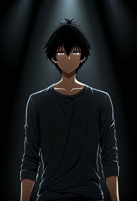 high resolution, solo, best quality, 1Boy, Seiya Kanie, black hair, short hair, thin, cool, Mysterious black background, Movie lighting, a sense of atmosphere, OverallDetail
