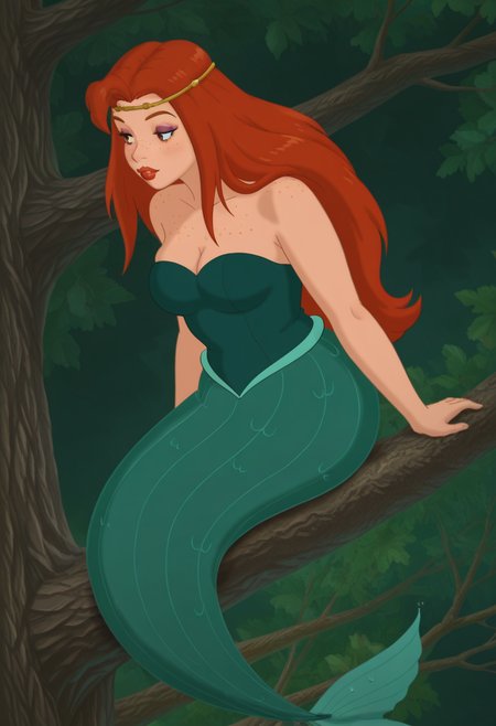 Graphic Design, color art, vibrant colors, colorful, intricate details, high contrast, detailed background, beautiful detailed, beautiful face, detailed eyes, detailed face, new, 1girl, solo, m3rm41d, monster girl, mermaid, red hair, long hair, circlet, freckles, makeup, red lipstick, strapless, green dress, cleavage, dynamic pose, cowboy shot, sitting on branch, tree, (masterpiece, best quality, newest, recent, absurdres),
