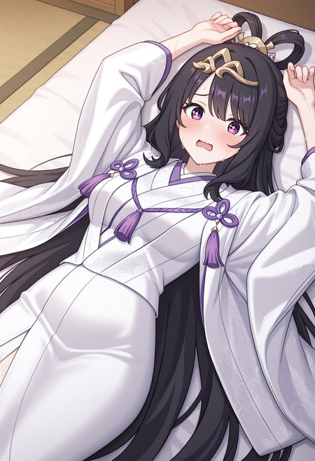 highres, best quality, masterpiece, indoors, medium breasts, 
1girl, solo, rlpviol, black hair, hair rings, very long hair, purple eyes, sparkling eyes,
headpiece, uchikake, white kimono, purple tassel, jewelry, no hood, 
looking at viewer, blush, embarrassed, wavy mouth, open mouth, sweat, 
on bed, arms up, lying,
<lora:_violet_pcr-elesico-ilxlA:1>