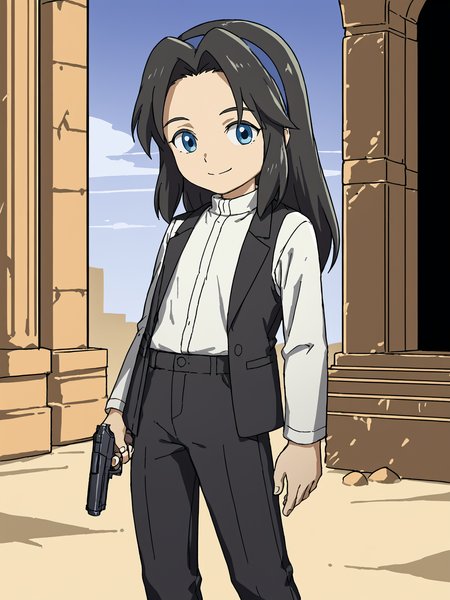 source_cartoon, solo, CSPNY1, aztec ruins, <lora:Maria (Sonic x Shadow Generations) PDXL v2:0.75>, sxsgmaria, smile, black hair, score_7_up, black tuxedo, white shirt, black trousers, handgun, trigger discipline, james bond