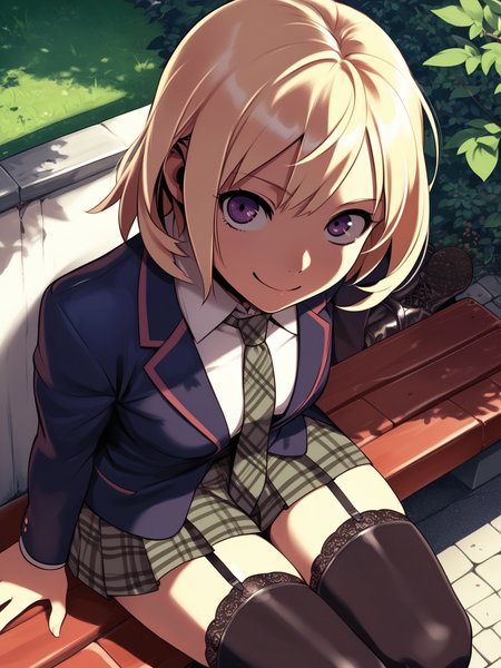<lora:happy_tentacle-lovebeat-v0.2-000036:1>, ht_lovebeat, blonde hair, purple eyes, collared shirt, blazer, pleated skirt, plaid skirt, plaid necktie, garter straps, thighhighs, knee boots, lace-up boots, outdoors, , 1girl, solo, upper body , wide-eyed , ( smile :1.1), , looking at viewer , , from above , score_9, score_8_up, score_7_up, score_6_up, score_5_up, score_4_up