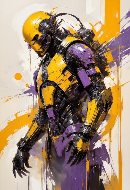 DB4RZ style painting, intricate, highly dynamic, featuring a cybermech Skulled man with a digital glitch overlay, in yellow, purple, black, and white colors. Sharp focus, biopunk, dark fantasy, with a saturated, dirty, abstract background, dark tones, high contrast, clean lines, and detailed.
<lora:artisketchyfs-v02:0.86>
<lora:FLUX-daubrez-DB4RZ-v2:0.67>
<lora:Vintage comic book:0.55>
<lora:flux.1_lora_ink-dynamic:0.9>