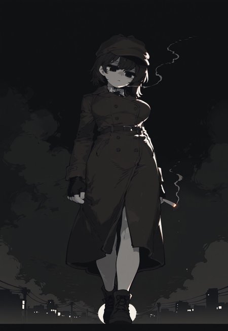 masterpiece, best quality, amazing quality, very aesthetic, absurdres, newest, ssambstyle, k4_illu, 
BREAK,
1girl, solo, black and white, monochrome, gradient black hair, short hair, side cut, detective hat, trench-coat, looking down, head down, cigarette, smoke trail, noir scene, noir theme, fingerless gloves, full body, medium breasts, 
BREAK, mysterious atmosphere, night, dramatic lighting, outdoors, city, detailed background, deep contrast, limited color palette, high contrast black, dramatic composition, 
