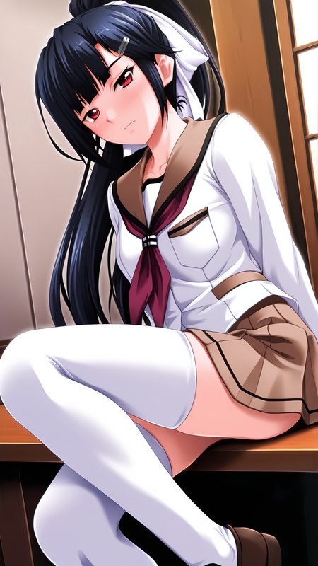 amazing quality,absurdres,best quality,masterpiece,highres,newest,detailed,detailed body,detailed face,masterpiece,best quality,solo,
kurada ibuki,1girl,black hair,long hair,ponytail,red eyes,serafuku,long sleeves,ribbon,hair ribbon,hair ornament,hairclip,pleated skirt,brown skirt,white thighhighs,zettai ryouiki,loafers,brown footwear,<lora:èµç°ãä¼å¹ï¼ãããããã¶ãï¼:0.8>,