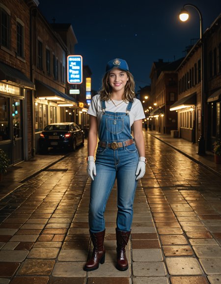 cowboy shot, looking at viewer,female_focus, medium close-up,,A woman wearing a Worn overalls, boots, thick shirt, gloves, cap, belt ,stands confidently in a bustling city street at dusk. The streetlights cast a warm glow on the pavement, and neon signs flicker in the background. The personâs white gloves contrast sharply against the dark outfit, adding a touch of elegance. A light evening mist rises from the ground, creating a cinematic atmosphere. Pedestrians pass by, some glancing curiously at the well-dressed figure. The cityscape features modern and old architecture, blending tradition with contemporary urban life.
<lora:SDXLFaeTastic2400:0.4> <lora:extremely_detailed:0.4> extremely detailed, Masterpiece,best quality,hi res,8k,hi res,8k,award winning,(sharp focus, intricate, highly detailed),