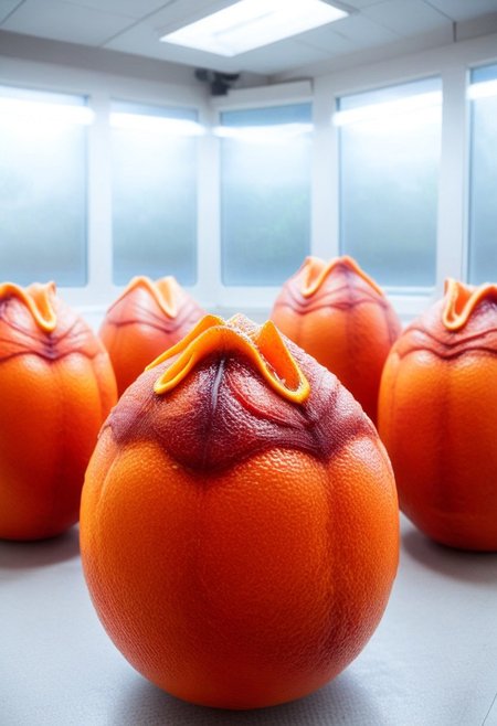 blood orange style, xenoegg, view of a group of unhatched xenoeggs, xenoeggs made of orange peel, horror theme, green light, space station interior, foggy ground, beautifully lit,