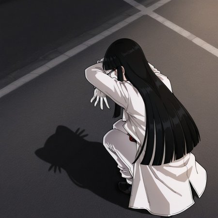 Girlycard, solo, 1girl, female focus, female, black hair, long hair, hime cut, blunt bangs, red eyes, white jacket, black shirt, red necktie, white coat, white scarf, white gloves, white pants, black shoes, catshadow, facing away, from above, squatting, from behind, shadow, full body, night, road, street, backlight, masterpiece, best quality, very aesthetic, absurdres, amazing quality, newest, very awa, highly detailed, fine detail, intricate detail