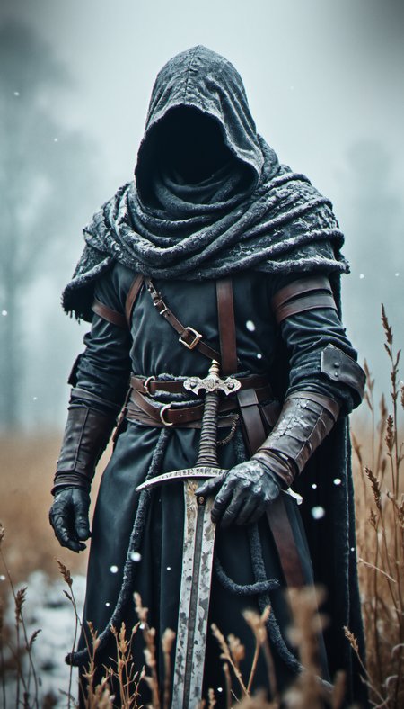 Dark fantasy photography, three-quarter view: a mysterious, hooded warrior clad in tattered, weathered armor, standing in a snow-dusted field with tall, dry grass, gripping a worn, intricately detailed sword, the figure’s face obscured in shadow, the cloak frayed and covered in frost, subtle details of leather straps and metal buckles visible, the background a misty, grey landscape with falling snowflakes, the atmosphere cold and somber, muted color palette with deep shadows, low contrast, the lighting soft and diffused, emphasizing the bleak, desolate environment.