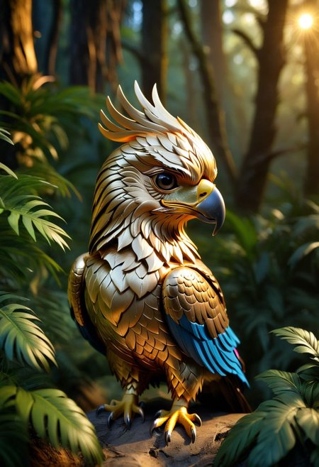 close up angle of, , ((),(3d Golden Eagle )) surrounded by jungle( ) ,animal, detailed focus, deep bokeh, beautiful, , dark cosmic background. Visually delightful , 3D,more detail XL,chibi,Rainbow kitten