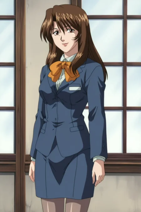 score_9, best, masterpiece, uncensored,
indoors,
1girl, solo, 1990s (style), retro artstyle, official style, smile,
ShinjinTourConductorRina,
TourGuideOutfit, loose hair, long sleeves, navy blazer skirt, pantyhose, navy pumps, orange neck ribbon,
<lora:ShinjinTourConductorRina_V4:0.8>​​​