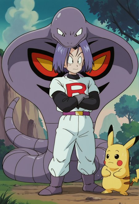 amazing quality,very aesthetic,absurdres,best quality,newest,masterpiece,4k resolution, absurdres, highres, detailed background, 
  depth of field, 
 <lora:jessiev2:0.6> <lora:DragonBall:1> drgnbll, crossed arms,  toriyama akira (style), watercolor (medium), 1boy, james (pokemon),  arbok, looking at another, outdoors, namek,team rocket uniform, surprised, trembling legs, sweat, embarrassed, pikachu,