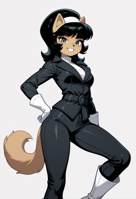 1girl, solo, hand on own hip, grin, looking at viewer, white background, 
furry female, black hair, medium hair, white hairband, green eyes, animal ears, animal nose, cat tail, 
black jacket, white shirt, black pants, long sleeves, belt, white gloves, white footwear, knee boots, 
masterpiece, best quality, <lora:kittykatswell-guy90-Illust-LoraV1:1>, lletik