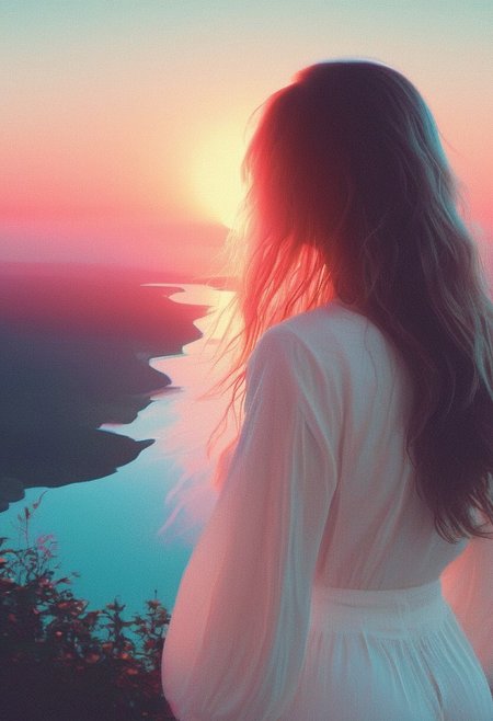 glitch artwork, flat colors, 
gorgeous curvy white woman, huge breasts, long hair, wearing a white jumpsuit looks out over a digital lake as the digital sun sets in the sky. round ass
[glitches, artifacts], chromatic aberration, heavy film grain