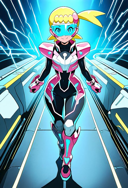 masterpiece, best quality, solo, curvy, beautiful eyes, narrow waist, wide hips, 1girl, solo, smile, looking at viewer, dynamic angle, foreshortening, close up,    zzBonnie, bonnie_(pokemon), blue eyes, ahoge, blonde hair, hair ornament, short hair, side ponytail,  ,<lora:BonniePokemonIXL:1.0>, [Shockwave Cyber Rider], armored leather jacket with pulsing seams, LED racing bodysuit, plasma-wired gloves, electric-tread boots, light trail visor helmet, lightning bolt decals, kinetic shoulder pads, neon energy trails, futuristic bike mount, night highway blur, low crouch pose, fierce expression,