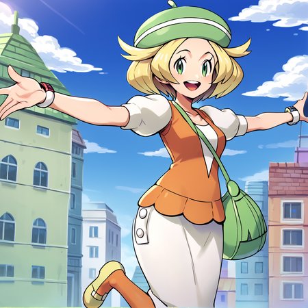 score_9, score_8_up, score_7_up, score_6_up, score_5_up, score_4_up,  <lora:Bianca_Pokemon_BW1:1>,bianca \(pokemon\), 1girl, solo, breasts, looking at viewer, blush, smile, open mouth, skirt, shirt, hat, jewelry, jacket, white shirt, short sleeves, :d, pantyhose, boots, outdoors, sky, teeth, day, tongue, cloud, medium hair, bag, vest, bracelet, eyelashes, upper teeth only, leg up, white skirt, outstretched arms, building, handbag, shoulder bag, green headwear, orange pantyhose, green bag, orange vest, green eyes, blonde hair, beret, puffy short sleeves, short hair