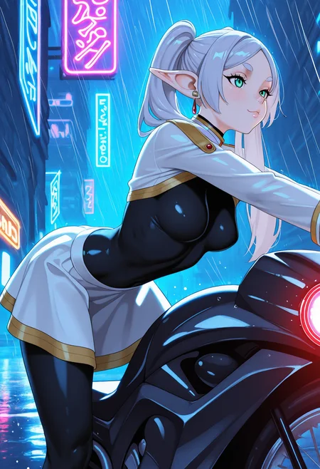 masterpiece,best quality,amazing quality,solo,1girl, frieren, elf, lips, curvy, athletic, medium breasts,  >:3, pose, white shrug, white skirt, black bodysuit, back lighting, leaning forward, pose, night, outdoors, futuristic city, riding motorbike, futuristic motorbike, particles, neon lights, rain, ambient occlusion, <lora:KAMICHICHI_Style_IL:1>