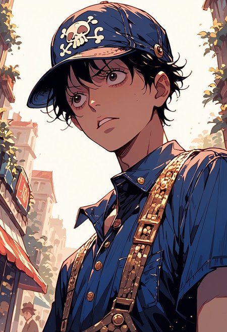 score_9, score_8_up, score_7_up, score_6_up, score_5_up,   
Create a portrait of 'Monkey D. Luffy' from One Piece wearing designer outfits inspired by luxury fashion brands Gucci. The scene should be set in a high-end fashion store with sleek luxury clothes in the background. Louis Vuitton is dressed in a sleek, navy red short sleeve shirt with a Louis Vuitton designs logos on it, paired with a crisp, white inner T-shirt, wearing a sleek Gucci hat. Incorporate bold colors, intricate details, and a sense of luxury and sophistication. The mood is sophisticated and glamorous, with the characters exuding confidence and style. Half body shot. The camera angle is a low-angle shot, looking up at the characters. ART BY GUWEIZ.