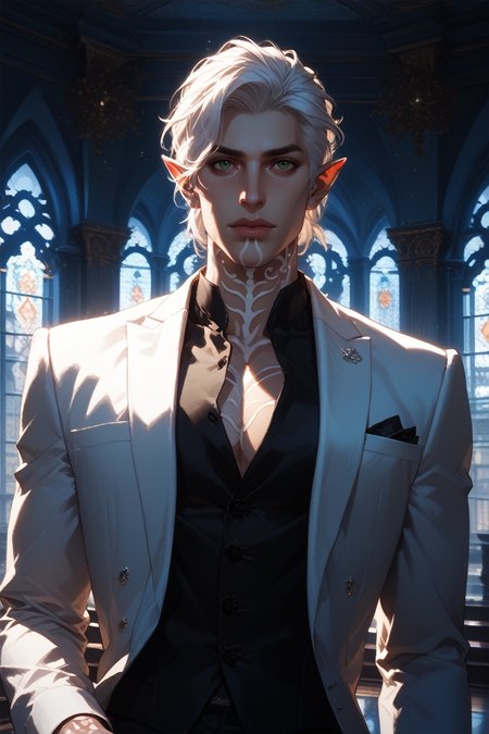 score_9, score_8_up, score_7_up,
<lora:DA2Fenris:0.8>
DA2Fenris, 1boy, white hair, green eyes, white tattoo, pointy ears, looking at viewer, in a modern high-rise apartment, wearing a sleek tuxedo, overlooking a bustling city at night, floor-to-ceiling windows, high contrast lighting, elegant and refined