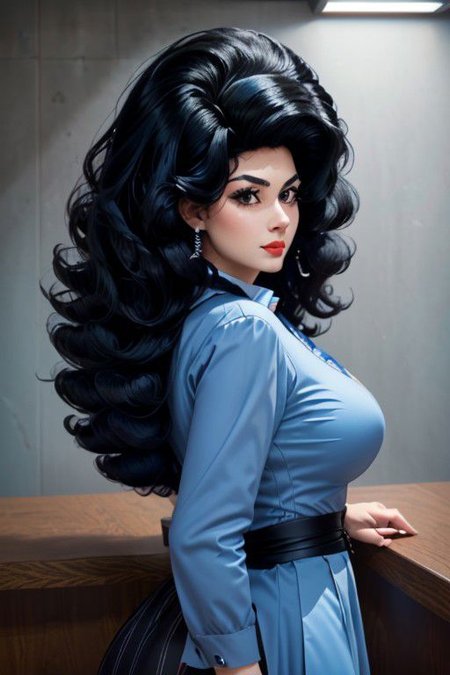 picturesque multiple views, solo, a woman with a very large dark wig, thick eyebrows, puffy lips, red lipstick, blush, heavy makeup, smirk, (high detailed face:1.1), (huge jet black 60's hair:1.3) (pale skin:1.3), cinematic lighting, dynamic pose, eye contact, (retro american diner), ((light blue retro waitress outfit)), white apron, picturesque background<lora:big_hair-1.0:0.8>, (high detailed face:1.1), <lora:add_detail:1>, (huge jet black 60's hair:1.3) (pale skin:1.3), (Bouffant Hair:1.3), (high detailed skin:1.1), (huge jet black 60's bouffant hair:1.3), (high detailed skin:1.1), 4k, realistic, (photorealistic:1.3), (shadows:1.2), finely detailed face, flawless seductive big bright blue eyes, thick eyebrows, luscious lips, wide jaw, detailed skin, glossy skin, skindentation, narrow waist, realistic, perfect anatomy, glamorous pose, perfect proportions, (masterpiece:1.5), (best quality:1.5), (intricate details:1.5), (sharpen details), (ultra detailed face, ultra detailed eyes, ultra detailed mouth, ultra detailed body, ultra detailed hands, ultra detailed clothes:1.5), ((frontview closeup:1.5)),