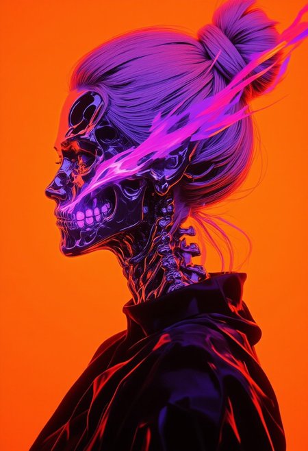 A surreal digital artwork portraying a woman with a transparent head and neck, revealing an intricate skeletal structure within. The glossy metallic gray skull is exquisitely detailed, showcasing the teeth, nasal cavity, and ear structures with precision. Emanating from the skull is a swirling, ethereal aura of vivid purple, pink, and orange hues, blending seamlessly into the vivid orange background, which creates a striking contrast against the darker tones. Her hair is styled into a high, sleek bun, complementing her smooth, pale skin that reflects an almost unreal perfection. She wears a high-necked black garment visible at the base of her neck, grounding the fantastical elements in subtle realism. The texture contrasts are masterfully rendered—her glossy skin and hair juxtaposed with the matte metallic finish of the exposed skeleton. This fusion of organic and inorganic forms merges hyperrealism and surrealism, crafting a mesmerizing balance between beauty and the macabre. (bo-neon, aidmaHyperrealism, sss, translucent, ne0nfant4sy)