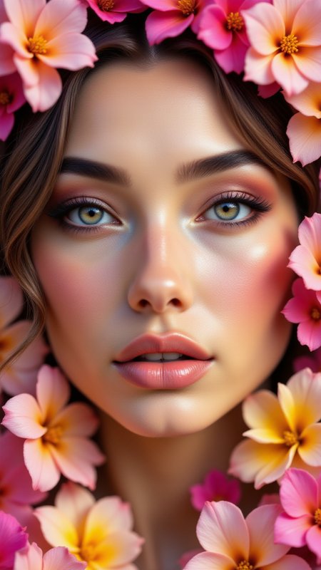 A supermodelâs face close-up surrounded by delicate, colorful flower petals. Her makeup is soft, with a subtle blush and pastel tones on her eyeshadow that match the colors of the petals. Her skin appears flawless and luminous, and tiny flowers are delicately placed along her cheekbones and forehead. Her expression is gentle, giving her a fairy-like, ethereal quality as if sheâs part of the blooming flora around her,<lora:BetterPortraits:0.7>, jedjv1,  <lora:JedJourney_epoch_7:0.3>