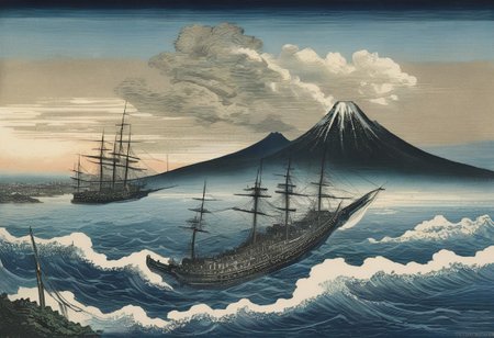 woodcut tokio bay 1865, big black steam powered battleship, gustave dore style, gustav dore clouds, hokusai waves, hokusai mount fuji in the background