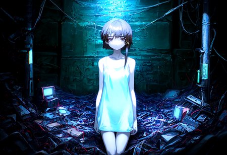 masterpiece, best quality, amazing quality, very aesthetic, absurdres,  newest,
1girl, iwakura lain,  solo,  thigh_gap,  white camisole , dark_background, cable, looking_at_viewer ,pile , spaghetti_strap , utility_pole,wire,
yoneyama mai,quasarcake:0.7, rolua, negative space, cinematic shot, very awa, science fiction,matrix, code, digital,computer, glitch, covered  in wire, green background,
<lora:cfg_scale_boost:0.7>, <lora:illustrious_noobai_epsilon_pred_11_very_aesthetic_v1:0.6>, <lora:illustrious_noobai_epsilon_pred_1_masterpieces_v1:0.6>, <lora:illustrious_noobai_epsilon_pred_1_best_quality_v1:0.6>, <lora:Lain_PonyXLv3:0.7>, <lora:Code__Digital_World_Morph_v2_PONY_XL_by_UOC:0.7>, <lora:USNR STYLE_XL_loha:0.7>