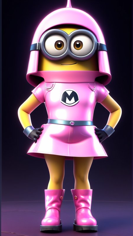 fantasy, archaeology  theme, <lora:MinionStyleXL:1.3> MinionStyle girl decked out in a holographic pink vinyl miniskirt and matching boots as a minion, 3D, pixar, CG