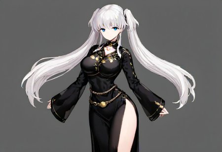 white hair, very long twintail, blunt bangs, long side bangs, blue eyes, empty eyes, gold torc, black hair strap, black nao costume with a white flower drawn on the chest, right side slit, black stockings, waist strap, 
masterpiece, best quality, very aesthetic, absurdres, 1milf, 1adult, solo, full_body, tachi-e,
