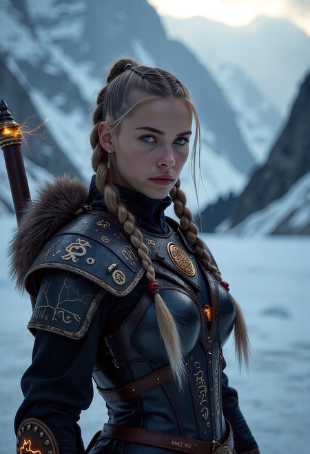 A captivating image emerges, focusing on a vikingpunk warrior-princess with her presence commanding attention in the icy wasteland. Her futuristic viking armor based on traditional viking armor, a seamless fusion of technology and her athletic form, slim-athletic form highlights her strength and agility. The warrior's twin braids with shaved sides, frames her determined expression, while her piercing eyes bore into the viewer. Ancient runes are etched into her battleaxe and armor, crackling with mystical glowing energy. The frozen landscape, a testament to her people's resilience, stretches into the distance, where dark, ominous clouds partially veil the rugged mountainous pass, filling the air with crispness and the promise of lightning. This artwork, with its Nordic and Viking-inspired elements, captures the essence of a powerful futuristic figure, seamlessly blending ancient traditions with futuristic innovations. Beauty, chiaroscuro, play of shadow and light, realistic,   <lora:flux_trainer/moxiePunk_v4D>
