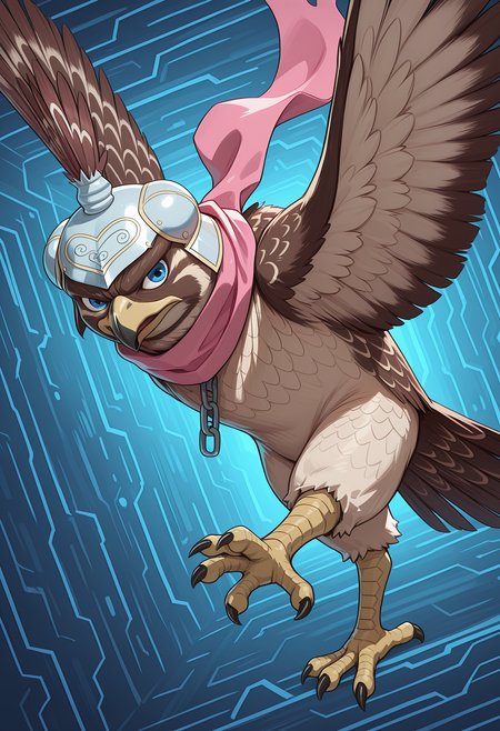 masterpiece, best quality, amazing quality, dutch angle, dynamic angle, abstract background, BREAK
1boy, solo, male, feral, falcon, brown feathers, helmet, blue eyes, pink scarf, talons, BREAK
<lora:cfg_scale_boost:.6>,   <lora:Petshop_-_Jojos_Bizarre_Adventure_-_ILXL:1>