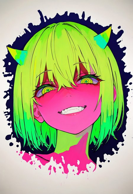 masterpiece,best quality,absurdres, amazing quality, hi res, masterpiece, best quality, detailed, amazing quality, detailed face, detailed eyes, clean eyes, best quality, highres, very aesthetic, newest, ultra-detailed, illustration, (best quality:1.1),ultra-detailed, high resolution, super detailed skin, beautiful detailed eyes, nsfw, Brightly Lit, Highly Visible, 8k, sharp focus, beautiful, perfect lighting, beautiful eyes, anatomically correct, anatomically correct face, extremely detailed eyes, smooth edges, beautiful face, symmetrical eyes, symmetrical face, BREAK 748cmstyle, newest, (colorful:0.5), (lineart:0.8), (silhouette:0.4), StainedArt_IL, sketch, paint splatter, Spill Art, coffee spill art, dissolving, stainedart_il, solo, female focus, 1girl, smile, green hair, grin, looking at viewer, blood, evil smile, teeth, succubus, horns