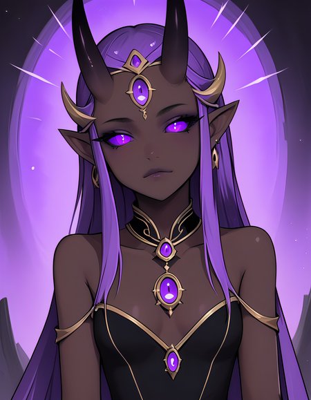 te'kharoth, third eye, tail, horns, violet eyes, 1girl, solo, upper body, regal, queen, crown, sitting, throne,  colored skin, dark skinned female, silk dress, capelet, illuminated, mystical aura, expressive eyes, cinematic, masterpiece,, 1girl, perfectly flat chest, tiny perky tits