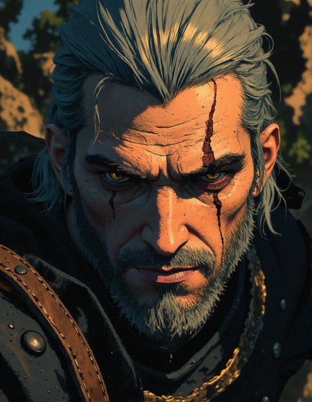 Intense gaze of a Witcher: Extreme close-up on the face of Geralt of Rivia, focusing on his piercing yellow eyes, a deep furrow between his brows, silver hair framing his face, subtle scars visible, dark and gritty atmosphere, high contrast lighting emphasizing his determined expression, hint of chainmail visible at the edges of the frame, dark and moody background, hyperrealistic rendering, cinematic lighting, ppg3r4lt, <lora:ìë¬µí:0.8>, <lora:NeonFantasyPrimeFLUX:0.7>, <lora:Geralt_of_Rivia_-_The_Witcher_3:0.4>