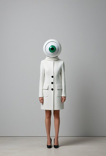 malachite_style, (style of Viviane Sassen) single being giant googly eyes minimalist background monochrome tones clean lines structured outfit black white neutral colors soft even lighting surreal whimsy art-gallery atmosphere sleek modern fashion poised simple pose oversized playful eyes surreal contrast minimalist setting white wall light concrete surface focused composition centered figure plastic texture whimsical simplicity avant-garde