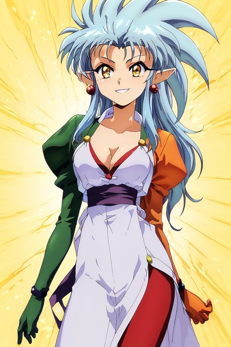 score_9, score_8_up, score_8, medium breasts, (curvy), cute, eyelashes,       BREAK, ,   zzRyouko, spiked hair, long hair, yellow eyes, pointy ears, blue hair,  cleavage, long sleeves, gloves, jewelry, earrings, retro artstyle, 1990s (style), <lora:Ryouko_PDXL:1.0>,, BREAK, smile, looking at viewer, cowboy shot, ,,, embedding:zPDXL, Expressiveh, ,,, <lora:PrismaIllya_PDXL_v3:1.0>, <lora:SDXLFaeTastic2400:0.5>, <lora:Expressive_H-000001:0.4>,